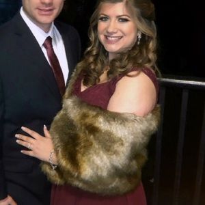 Faux Fur Shawl with Rhinestone Brooch